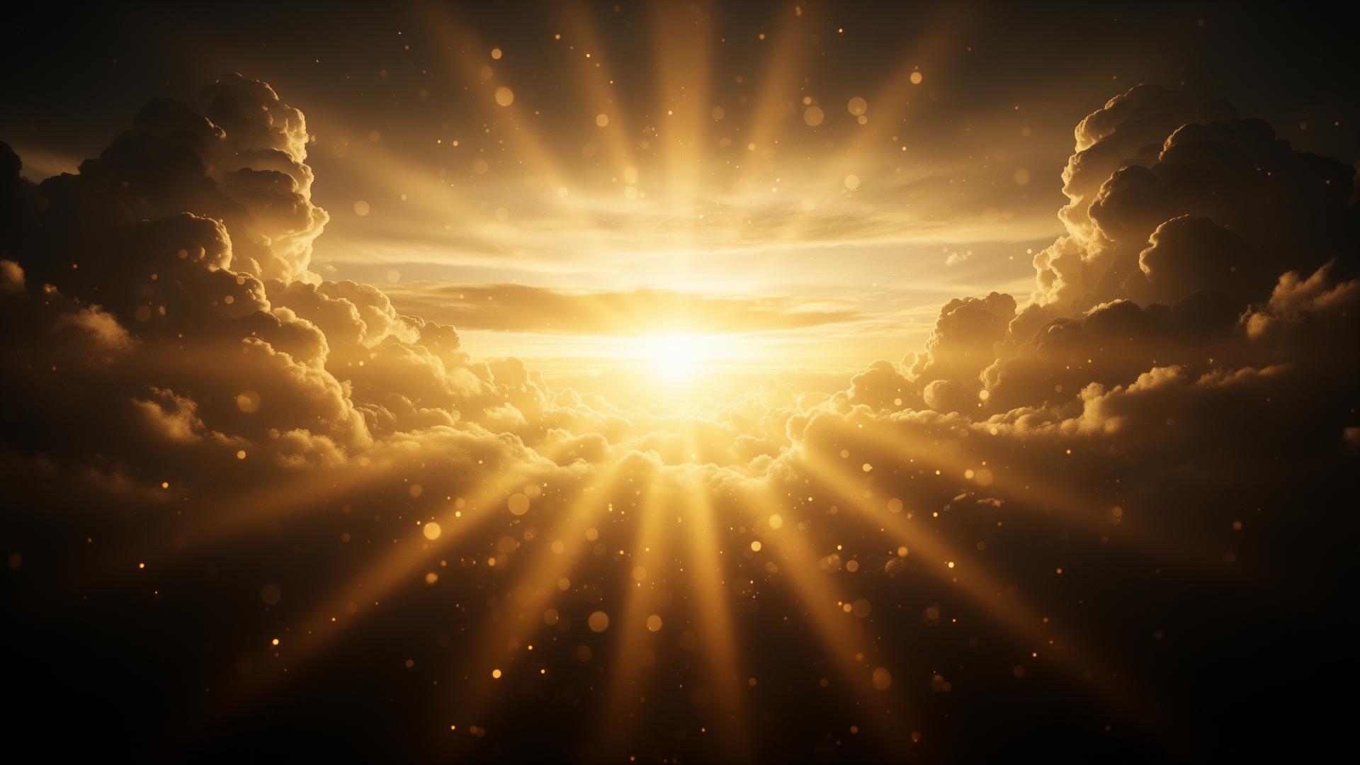 Divine golden light through celestial clouds